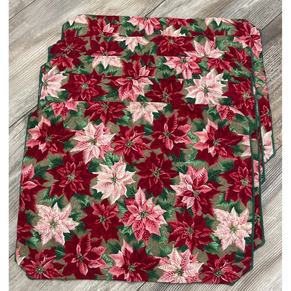 Vintage Poinsettia Woven Placemats - Tapestry Christmas Flower‎ Holly - Set Of 5
